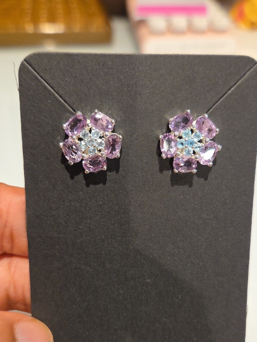Floral Cluster Purple And Aqua Gemstone Stud Earrings 925 SS